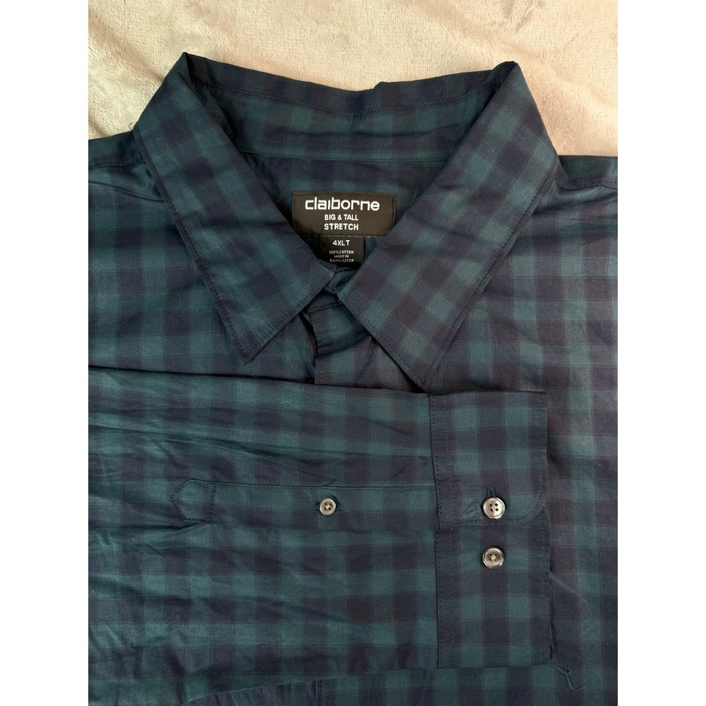Claiborne Button Down Shirt Mens 4XLT Navy Teal Check Stretch Big Tall NEW NWT